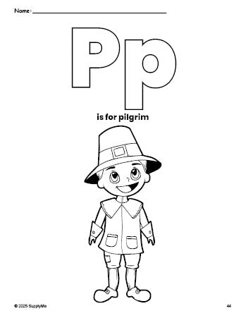 Free printable pilgrim Thanksgiving coloring page, letter p coloring page for preschool, pre-k, and kindergarten, PDF