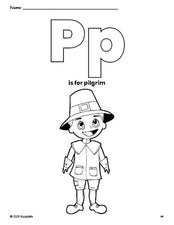 Free printable pilgrim Thanksgiving coloring page, letter p coloring page for preschool, pre-k, and kindergarten, PDF