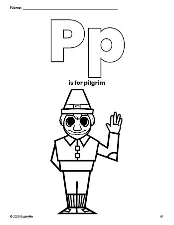 Free printable pilgrim Thanksgiving coloring page, letter p coloring page for preschool, pre-k, and kindergarten, PDF