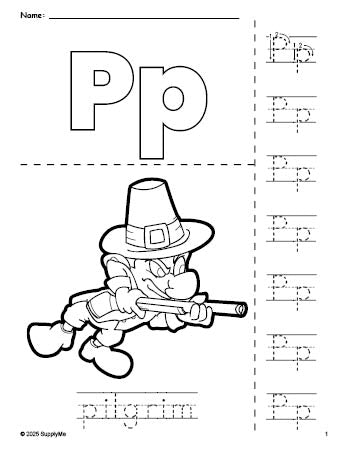 Free printable pilgrim Thanksgiving coloring page and letter tracing worksheet, letter p worksheet for preschool, pre-k, and kindergarten, PDF