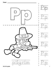 Free printable pilgrim Thanksgiving coloring page and letter tracing worksheet, letter p worksheet for preschool, pre-k, and kindergarten, PDF