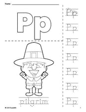 Free printable pilgrim Thanksgiving coloring page and letter tracing worksheet, letter p worksheet for preschool, pre-k, and kindergarten, PDF