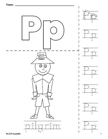 Free printable pilgrim Thanksgiving coloring page and letter tracing worksheet, letter p worksheet for preschool, pre-k, and kindergarten, PDF