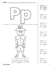 Free printable pilgrim Thanksgiving coloring page and letter tracing worksheet, letter p worksheet for preschool, pre-k, and kindergarten, PDF