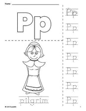 Free printable pilgrim Thanksgiving coloring page and letter tracing worksheet, letter p worksheet for preschool, pre-k, and kindergarten, PDF