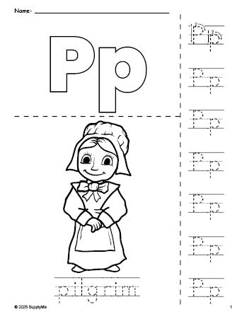 Free printable pilgrim Thanksgiving coloring page and letter tracing worksheet, letter p worksheet for preschool, pre-k, and kindergarten, PDF