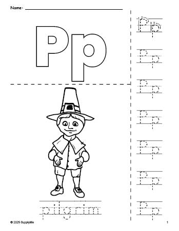 Free printable pilgrim Thanksgiving coloring page and letter tracing worksheet, letter p worksheet for preschool, pre-k, and kindergarten, PDF