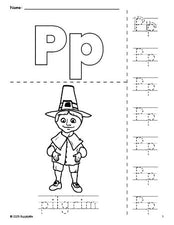 Free printable pilgrim Thanksgiving coloring page and letter tracing worksheet, letter p worksheet for preschool, pre-k, and kindergarten, PDF