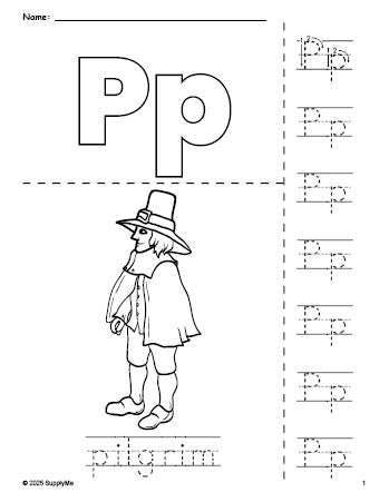 Free printable pilgrim Thanksgiving coloring page and letter tracing worksheet, letter p worksheet for preschool, pre-k, and kindergarten, PDF