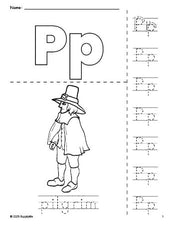 Free printable pilgrim Thanksgiving coloring page and letter tracing worksheet, letter p worksheet for preschool, pre-k, and kindergarten, PDF