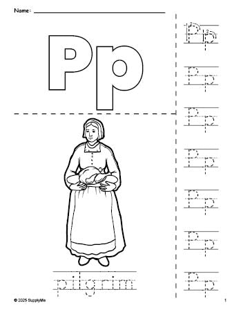 Free printable pilgrim Thanksgiving coloring page and letter tracing worksheet, letter p worksheet for preschool, pre-k, and kindergarten, PDF