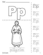 Free printable pilgrim Thanksgiving coloring page and letter tracing worksheet, letter p worksheet for preschool, pre-k, and kindergarten, PDF