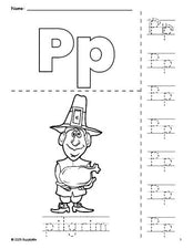 Free printable pilgrim Thanksgiving coloring page and letter tracing worksheet, letter p worksheet for preschool, pre-k, and kindergarten, PDF