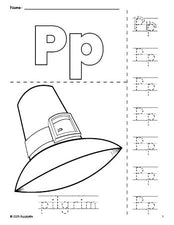 Free printable pilgrim Thanksgiving coloring page and letter tracing worksheet, letter p worksheet for preschool, pre-k, and kindergarten, PDF