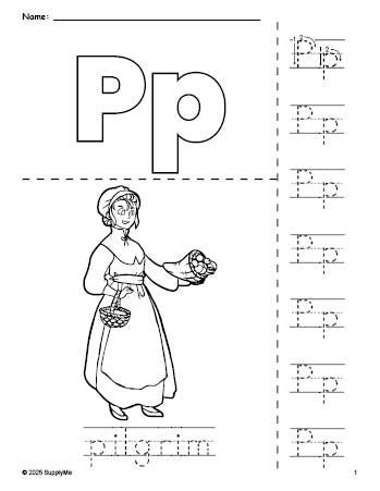 Free printable pilgrim Thanksgiving coloring page and letter tracing worksheet, letter p worksheet for preschool, pre-k, and kindergarten, PDF