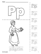 Free printable pilgrim Thanksgiving coloring page and letter tracing worksheet, letter p worksheet for preschool, pre-k, and kindergarten, PDF