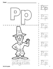 Free printable pilgrim Thanksgiving coloring page and letter tracing worksheet, letter p worksheet for preschool, pre-k, and kindergarten, PDF