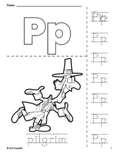 Free printable pilgrim Thanksgiving coloring page and letter tracing worksheet, letter p worksheet for preschool, pre-k, and kindergarten, PDF