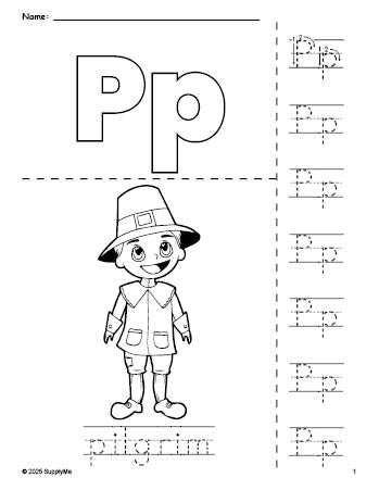 Free printable pilgrim Thanksgiving coloring page and letter tracing worksheet, letter p worksheet for preschool, pre-k, and kindergarten, PDF