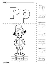 Free printable pilgrim Thanksgiving coloring page and letter tracing worksheet, letter p worksheet for preschool, pre-k, and kindergarten, PDF