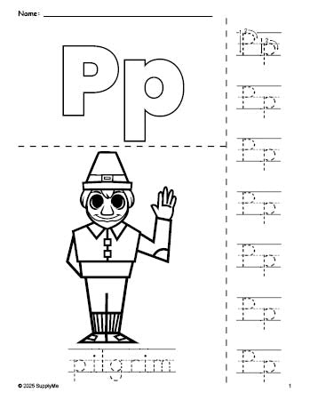 Free printable pilgrim Thanksgiving coloring page and letter tracing worksheet, letter p worksheet for preschool, pre-k, and kindergarten, PDF