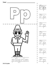 Free printable pilgrim Thanksgiving coloring page and letter tracing worksheet, letter p worksheet for preschool, pre-k, and kindergarten, PDF