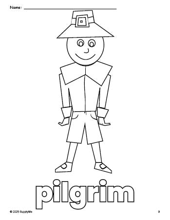 Free printable pilgrim Thanksgiving coloring page for preschool, pre-k, and kindergarten, PDF