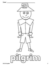 Free printable pilgrim Thanksgiving coloring page for preschool, pre-k, and kindergarten, PDF