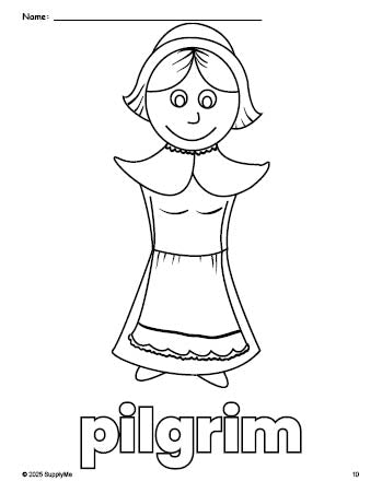 Free printable pilgrim Thanksgiving coloring page for preschool, pre-k, and kindergarten, PDF