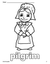 Free printable pilgrim Thanksgiving coloring page for preschool, pre-k, and kindergarten, PDF