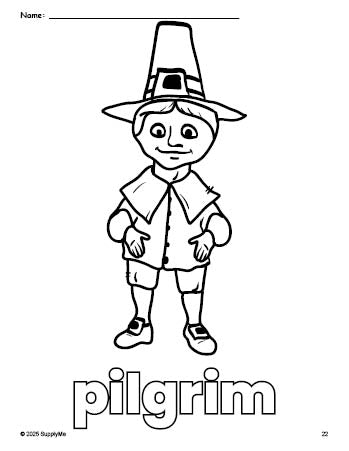 Free printable pilgrim Thanksgiving coloring page for preschool, pre-k, and kindergarten, PDF