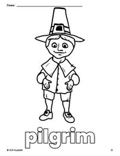 Free printable pilgrim Thanksgiving coloring page for preschool, pre-k, and kindergarten, PDF