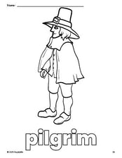 Free printable pilgrim Thanksgiving coloring page for preschool, pre-k, and kindergarten, PDF