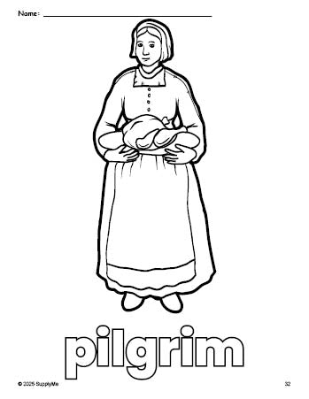 Free printable pilgrim Thanksgiving coloring page for preschool, pre-k, and kindergarten, PDF