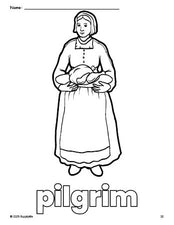 Free printable pilgrim Thanksgiving coloring page for preschool, pre-k, and kindergarten, PDF