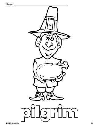 Free printable pilgrim Thanksgiving coloring page for preschool, pre-k, and kindergarten, PDF