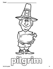 Free printable pilgrim Thanksgiving coloring page for preschool, pre-k, and kindergarten, PDF