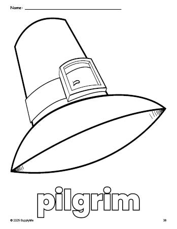 Free printable pilgrim Thanksgiving coloring page for preschool, pre-k, and kindergarten, PDF