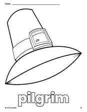 Free printable pilgrim Thanksgiving coloring page for preschool, pre-k, and kindergarten, PDF