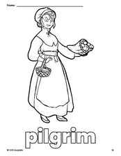 Free printable pilgrim Thanksgiving coloring page for preschool, pre-k, and kindergarten, PDF