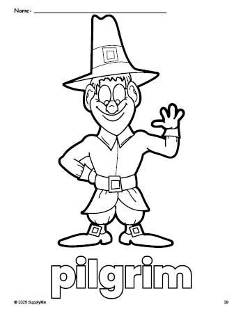 Free printable pilgrim Thanksgiving coloring page for preschool, pre-k, and kindergarten, PDF