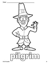 Free printable pilgrim Thanksgiving coloring page for preschool, pre-k, and kindergarten, PDF