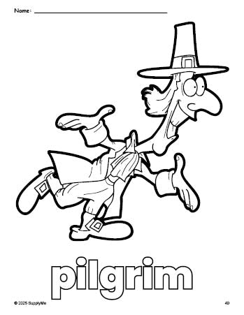 Free printable pilgrim Thanksgiving coloring page for preschool, pre-k, and kindergarten, PDF