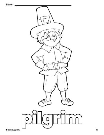 Free printable pilgrim Thanksgiving coloring page for preschool, pre-k, and kindergarten, PDF