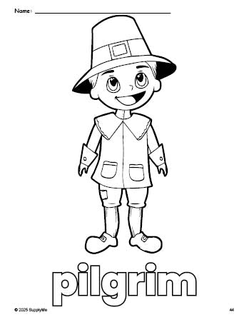 Free printable pilgrim Thanksgiving coloring page for preschool, pre-k, and kindergarten, PDF