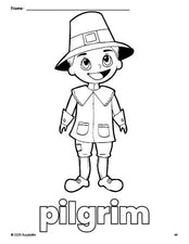 Free printable pilgrim Thanksgiving coloring page for preschool, pre-k, and kindergarten, PDF