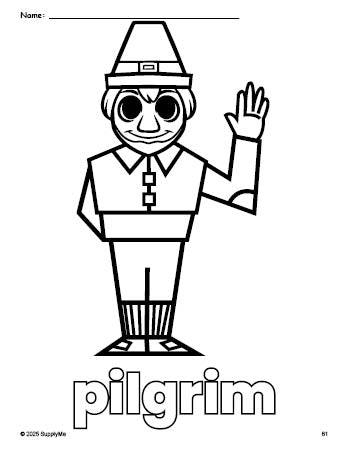 Free printable pilgrim Thanksgiving coloring page for preschool, pre-k, and kindergarten, PDF