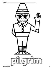 Free printable pilgrim Thanksgiving coloring page for preschool, pre-k, and kindergarten, PDF