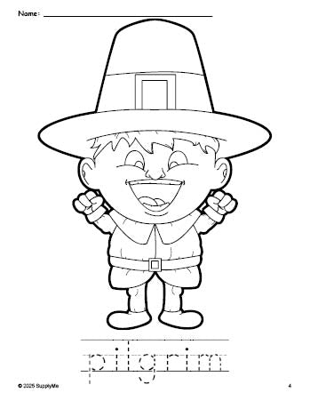 Free printable pilgrim Thanksgiving coloring page and word tracing worksheet, perfect for preschool, pre-k, and kindergarten, PDF