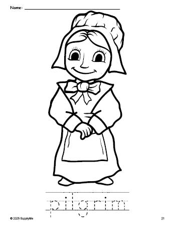 Free printable pilgrim Thanksgiving coloring page and word tracing worksheet, perfect for preschool, pre-k, and kindergarten, PDF